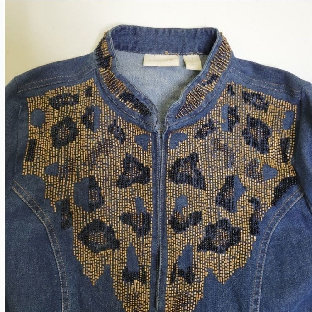 CHICO'S BEADED LEOPARD EMBELLISHED STRETCH DENIM JACKET BLUE BROWN TAN 1 medium - Picture 6 of 9